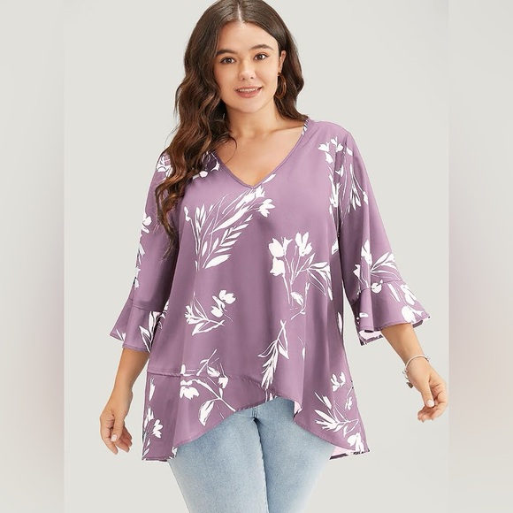 ⭐️ BLOOMCHIC Floral Asymmetrical Hem Ruffle Trim Flounce Sleeve Blouse - Picture 1 of 9